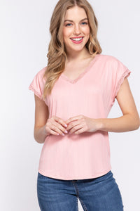 Thumbnail for ACTIVE BASIC Lace Trim V-Neck Short Sleeve Ribbed Top