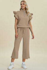 Thumbnail for Double Take Full Size Texture Ruffle Short Sleeve Top and Wide Leg Pants Set