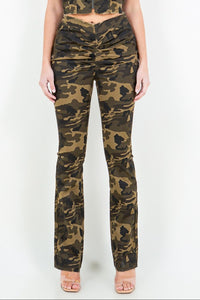 Thumbnail for American Bazi V-Cut Ruched Camo Flare Pants