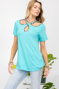 Thumbnail for Celeste Full Size Crisscross Cutout Leopard Contrast Trim T-Shirt