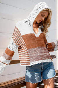 Thumbnail for Double Take Full Size Openwork Contrast Long Sleeve Hooded Sweater