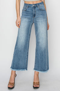 Thumbnail for RISEN Raw Hem Cropped Wide Leg Jeans