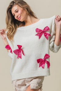 Thumbnail for BiBi Sequin Bow Puff Sleeve Sweater