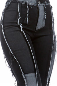 Thumbnail for Denim Black & Gray Fringed Color-Block Boyfriend Jeans