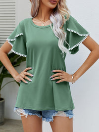 Thumbnail for Pom-Pom Trim Flutter Sleeve Round Neck T-Shirt