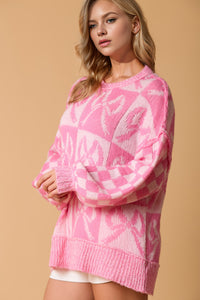 Thumbnail for Double Take Full Size Checkered Bow Contrast Long Sleeve Sweater