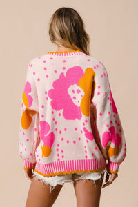 Thumbnail for BiBi Flower Pattern Contrast Sweater