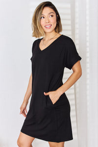 Thumbnail for Zenana Full Size Rolled Short Sleeve V-Neck Dress