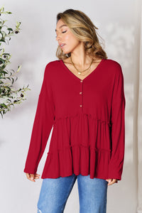 Thumbnail for Double Take Half Button Long Sleeve Ruffle Hem Blouse