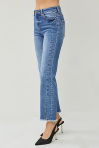 Thumbnail for RISEN High Waist Raw Hem Slit Straight Jeans