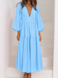 Thumbnail for Deep V-Neck Balloon Sleeve Plain Maxi Dress