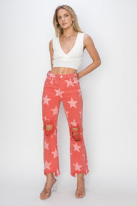 Thumbnail for RISEN Full Size Distressed Raw Hem Star Pattern Jeans