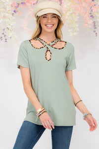 Thumbnail for Celeste Full Size Crisscross Cutout Leopard Contrast Trim T-Shirt