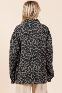 Thumbnail for Mittoshop Leopard Button Up Denim Shacket with Breast Pockets