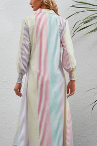 Thumbnail for Rainbow Stripe Button-Up Maxi Shirt Dress