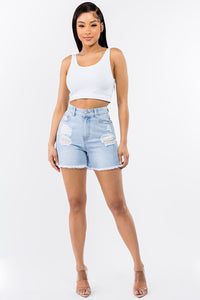 Thumbnail for American Bazi High Waist Distressed Raw Hem Denim Shorts