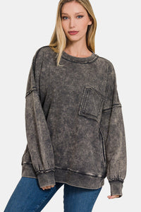 Thumbnail for Zenana Exposed Seam Round Neck Dropped Shoulder Sweatshirt