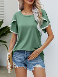 Thumbnail for Pom-Pom Trim Flutter Sleeve Round Neck T-Shirt