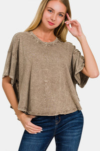 Thumbnail for Zenana Washed Round Neck Drop Shoulder Cropped T-Shirt