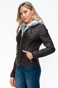 Thumbnail for YMI Faux Layered Double-Zipper Jacket with Fuzzy Hood