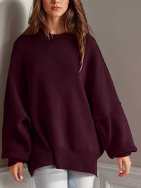 Thumbnail for Double Take Side Slit Round Neck Long Sleeve Sweater