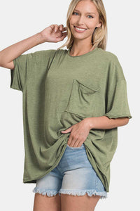 Thumbnail for Zenana Drop Shoulder Oversized Front Pocket T-Shirt