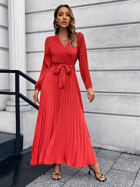 Thumbnail for V-Neck Tie Waist Pleated Maxi Dress