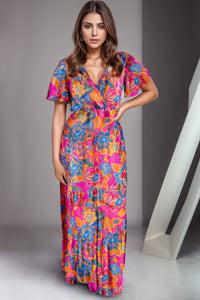 Thumbnail for Printed Surplice Short Sleeve Maxi Dress