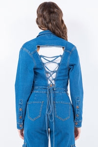 Thumbnail for American Bazi Laced Back Cropped Denim Jacket