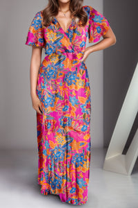 Thumbnail for Printed Surplice Short Sleeve Maxi Dress