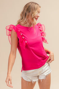 Thumbnail for BiBi Pearl Decor Mesh Ruffle Sleeve Top