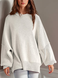 Thumbnail for Double Take Side Slit Round Neck Long Sleeve Sweater