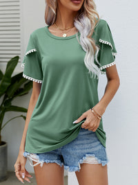 Thumbnail for Pom-Pom Trim Flutter Sleeve Round Neck T-Shirt