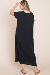 Thumbnail for BOMBOM Round Neck Short Sleeve Midi Dress with Pockets