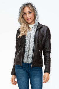 Thumbnail for YMI Faux Layered Double-Zipper Jacket with Fuzzy Hood