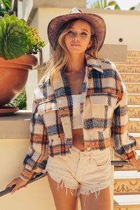 Thumbnail for BiBi Brushed Plaid Crop Jacket with Pockets