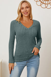 Thumbnail for Basic Bae Full Size Ribbed V-Neck Long Sleeve T-Shirt