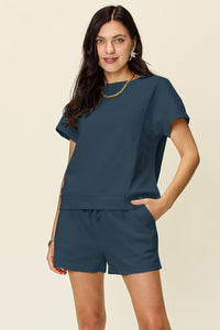 Thumbnail for Double Take Full Size Texture Short Sleeve T-Shirt and Drawstring Shorts Set