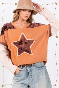 Thumbnail for SAGE + FIG Star Patch Long Sleeve Color Block T-Shirt