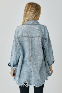 Thumbnail for RISEN Distressed Raw Hem Denim Shirt