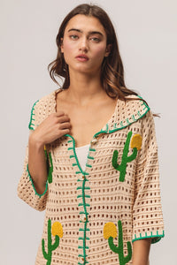 Thumbnail for BiBi Edge Stitched Cactus Patch Sweater Cardigan