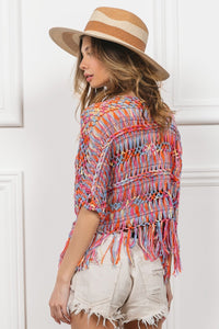 Thumbnail for BiBi Open Front Fringed Crop Knit Cardigan