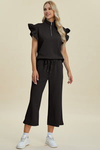 Thumbnail for Double Take Full Size Texture Ruffle Short Sleeve Top and Wide Leg Pants Set