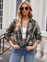 Thumbnail for Mandy Pocketed Plaid Collared Neck Long Sleeve Shirt