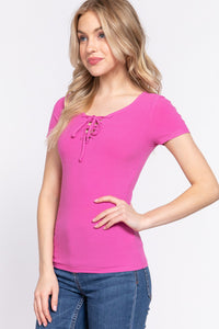 Thumbnail for ACTIVE BASIC Lace Up Short Sleeve Rib Knit T-Shirt