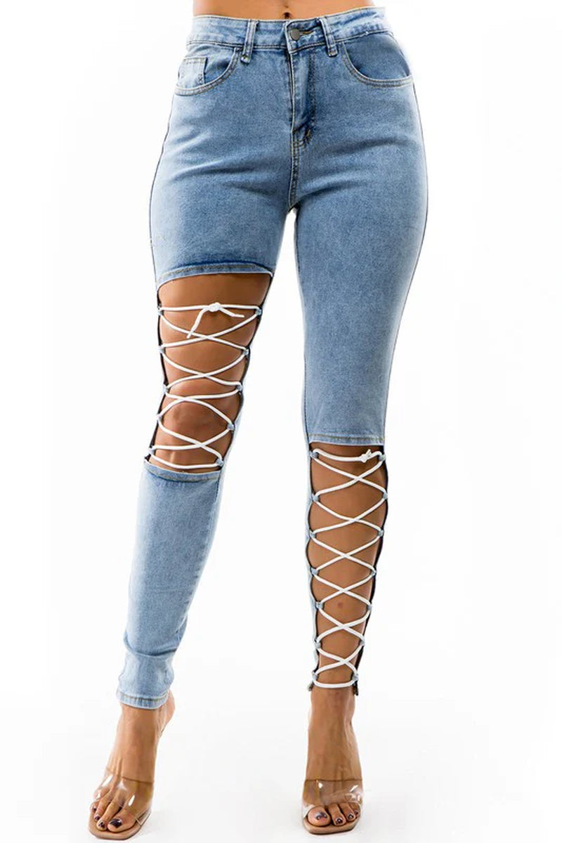 Crisscross Strap Denim Cut Skinny Jeans