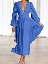 Thumbnail for Deep V-Neck Balloon Sleeve Plain Maxi Dress