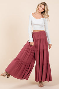 Thumbnail for Mittoshop Tier Detail Smocked Elastic Waist Wide Leg Pants