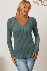 Thumbnail for Basic Bae Full Size Ribbed V-Neck Long Sleeve T-Shirt