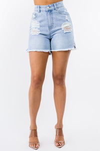 Thumbnail for American Bazi High Waist Distressed Raw Hem Denim Shorts